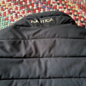 Nautica Black Quilted Jacket with Gold Logo Embroidery